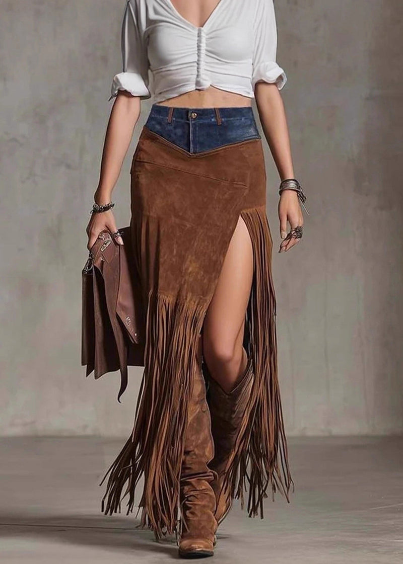 Chocolate Tassel Patchwork Faux Suede Skirt Spring