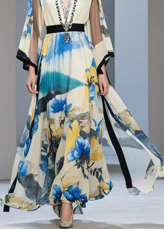 Cinched Print Exra Large Hem Chiffon Long Dress Fall