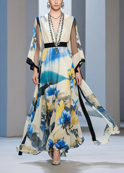 Cinched Print Exra Large Hem Chiffon Long Dress Fall