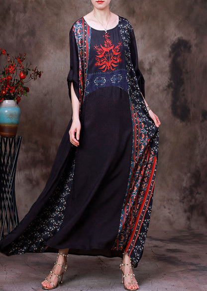 Chocolate Colour Print Patchwork Silk Maxi Dress Long Sleeve