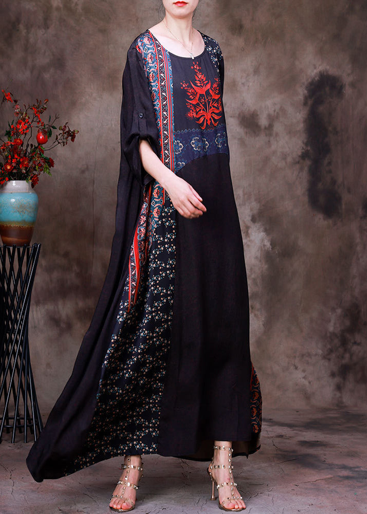Chocolate Colour Print Patchwork Silk Maxi Dress Long Sleeve