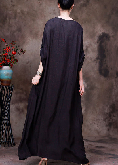 Chocolate Colour Print Patchwork Silk Maxi Dress Long Sleeve