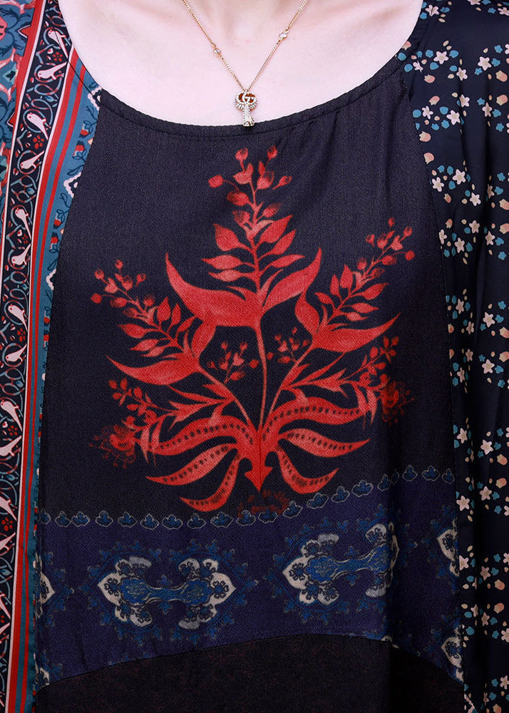 Chocolate Colour Print Patchwork Silk Maxi Dress Long Sleeve