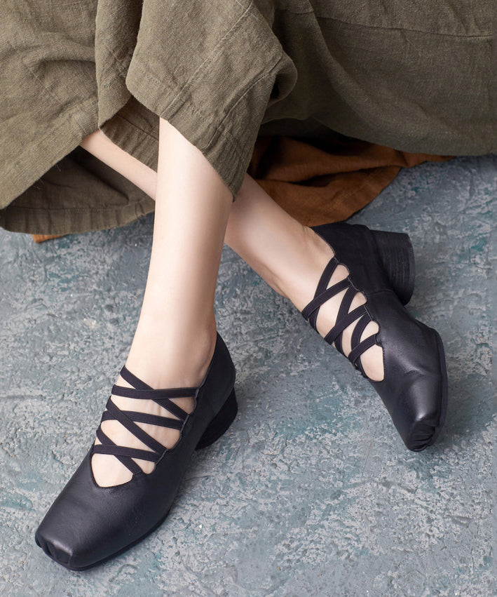 Coffee Cross Strap Cowhide Leather High Heels