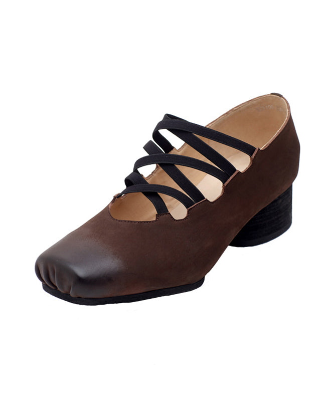 Coffee Cross Strap Cowhide Leather High Heels