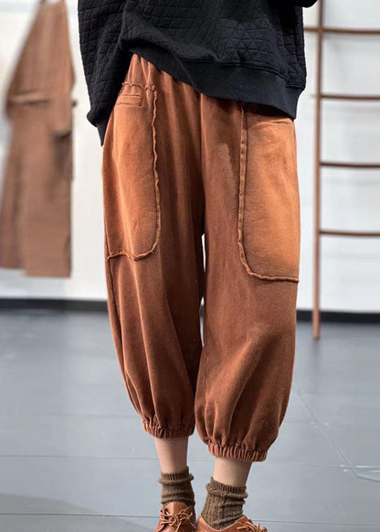 Chocolate Elastic Waist Pockets Patchwork Applique Cotton Harem Pants Fall