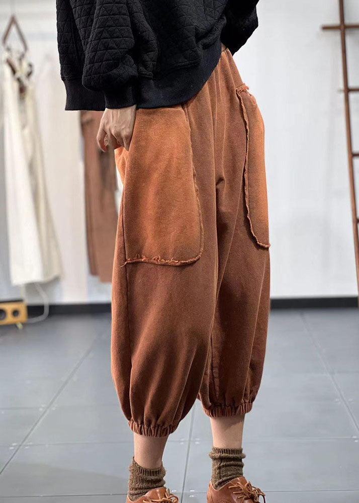 Chocolate Elastic Waist Pockets Patchwork Applique Cotton Harem Pants Fall
