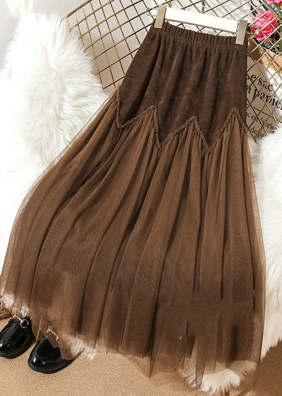 Chocolate High Waist Patchwork Corduroy Wrinkled Tulle Skirt Spring