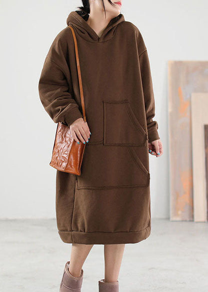 Chocolate Hooded Pockets Warm Fleece Sweatshirts Winter Dress