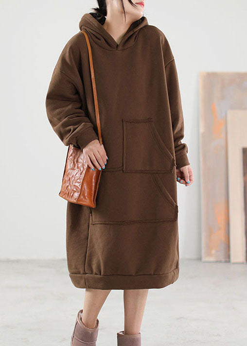Chocolate Hooded Pockets Warm Fleece Sweatshirts Winter Dress