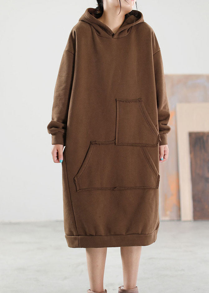 Chocolate Hooded Pockets Warm Fleece Sweatshirts Winter Dress