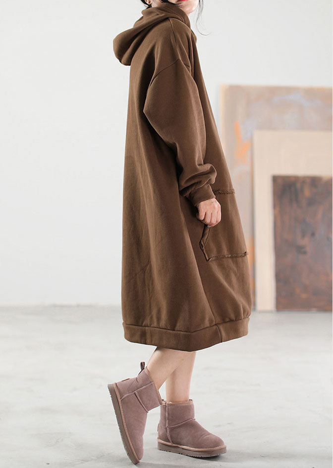 Chocolate Hooded Pockets Warm Fleece Sweatshirts Winter Dress