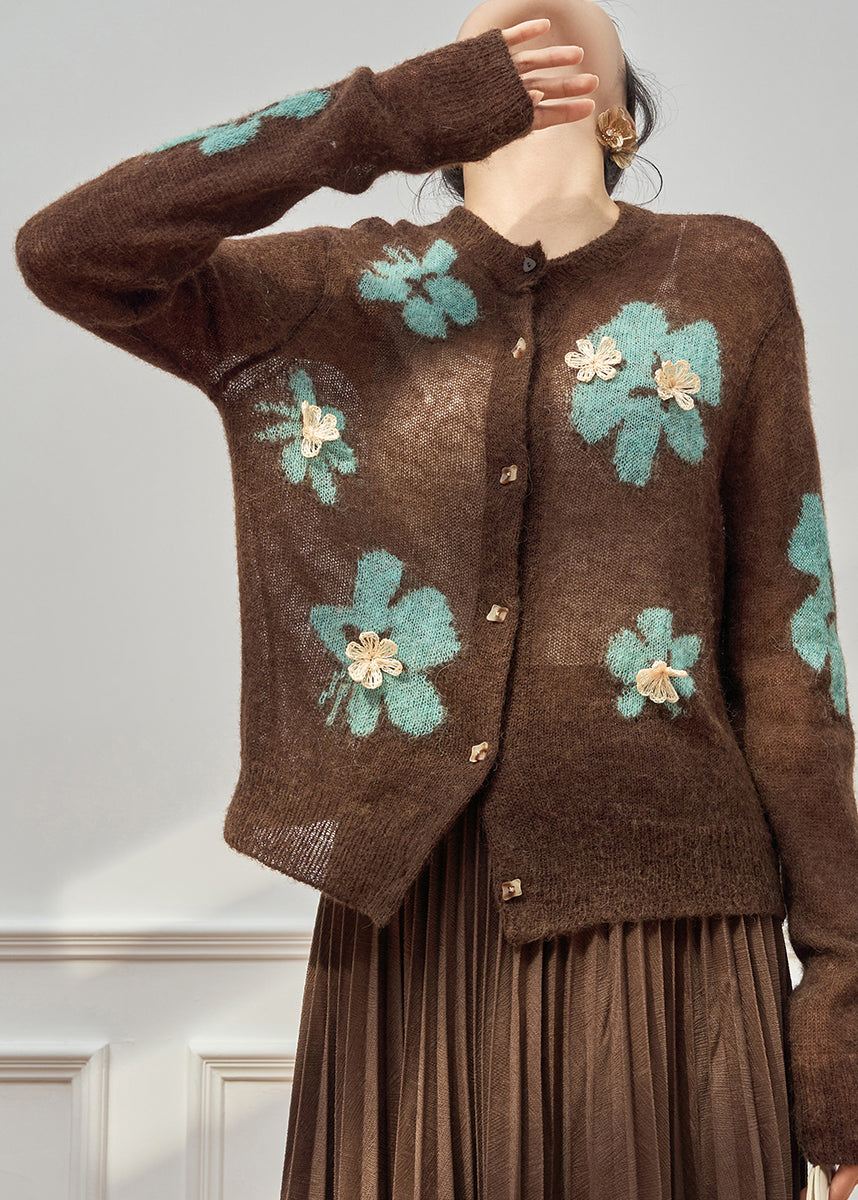 Coffee O-neck Patchwork Button Cotton Knit Cardigan Spring