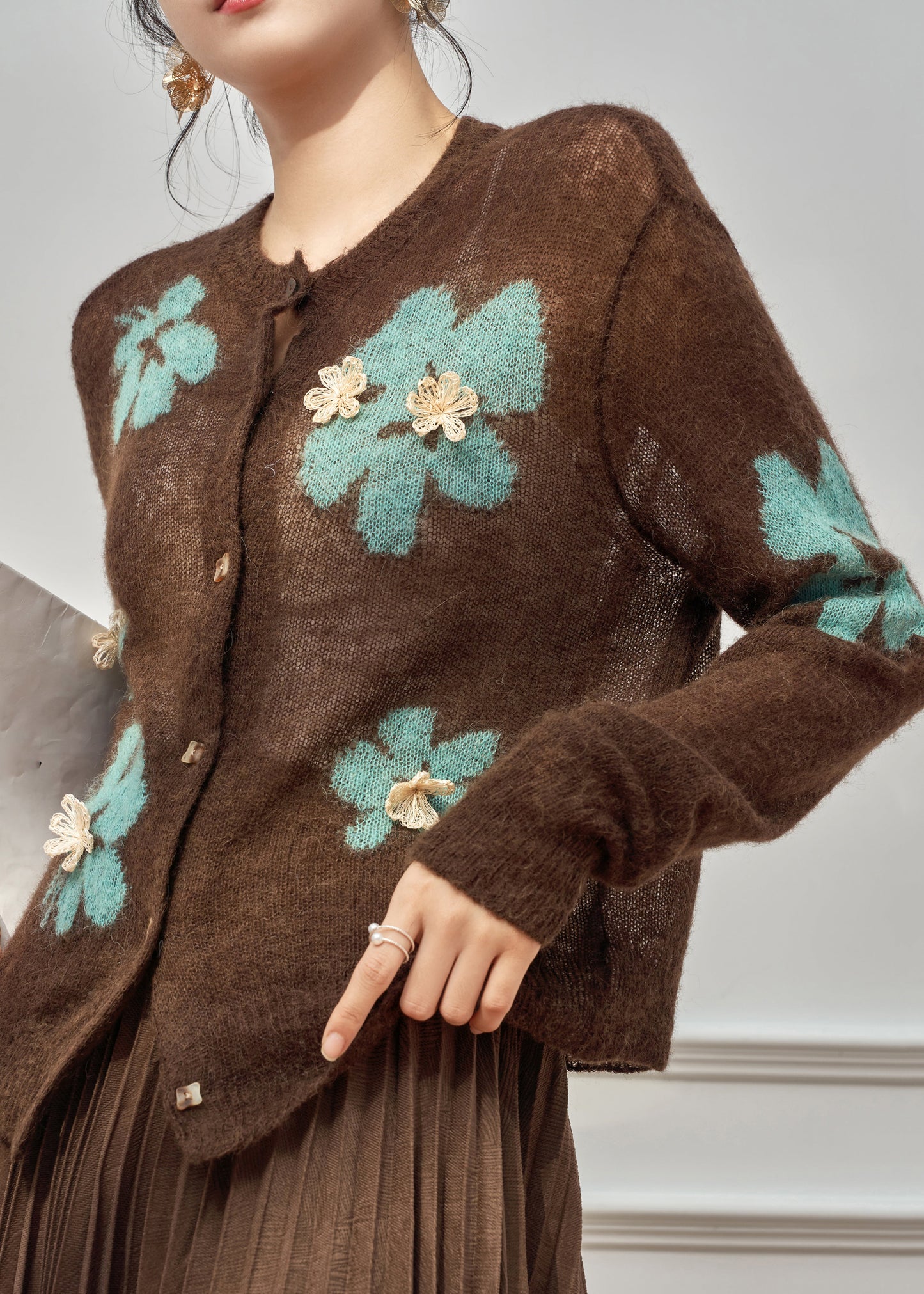 Coffee O-neck Patchwork Button Cotton Knit Cardigan Spring