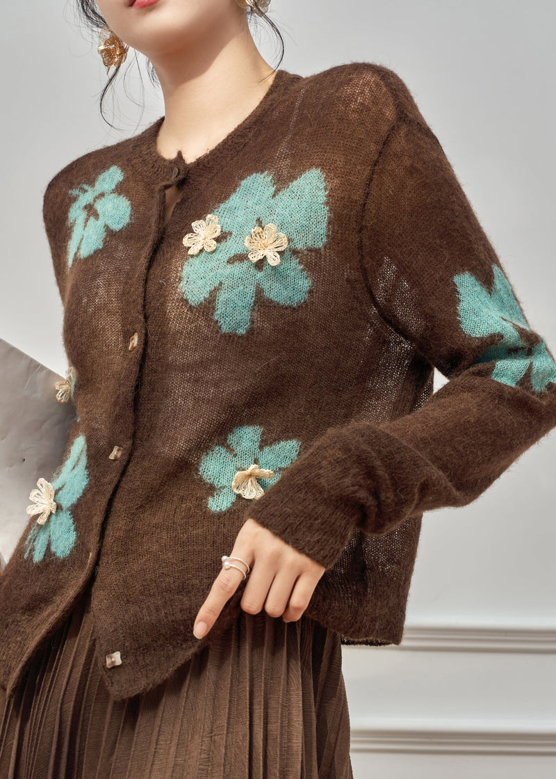 Coffee O-neck Patchwork Button Cotton Knit Cardigan Spring