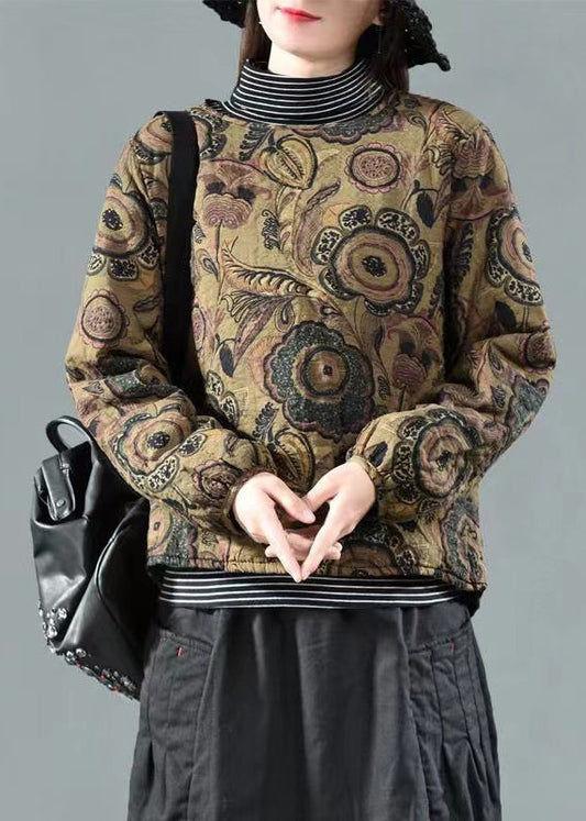 Coffee O Neck Print Fine Cotton Filled Pullover Sweatshirt Spring