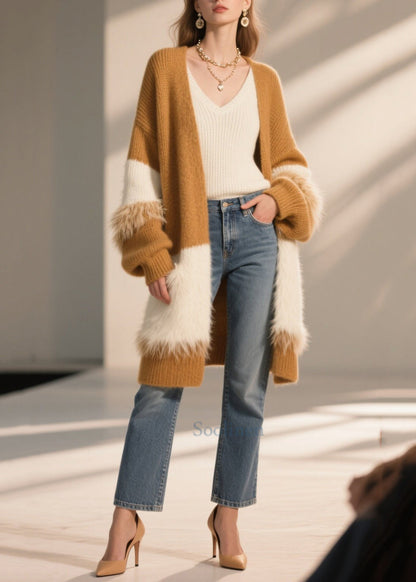 Coffee Oversized Patchwork Faux Fur Long Cardigan Winter