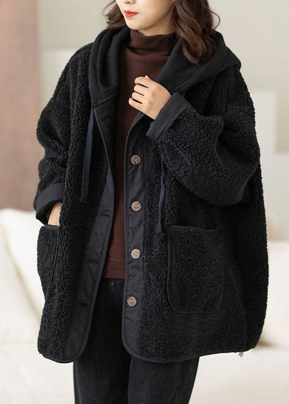 Coffee Patchwork Button Thick Faux Fur Hooded Coats Winter