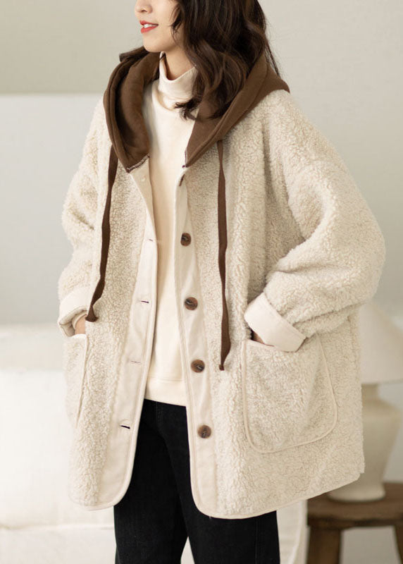 Coffee Patchwork Button Thick Faux Fur Hooded Coats Winter