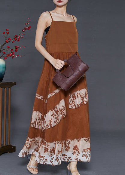 Coffee Patchwork Chiffon Spaghetti Strap Dress Summer