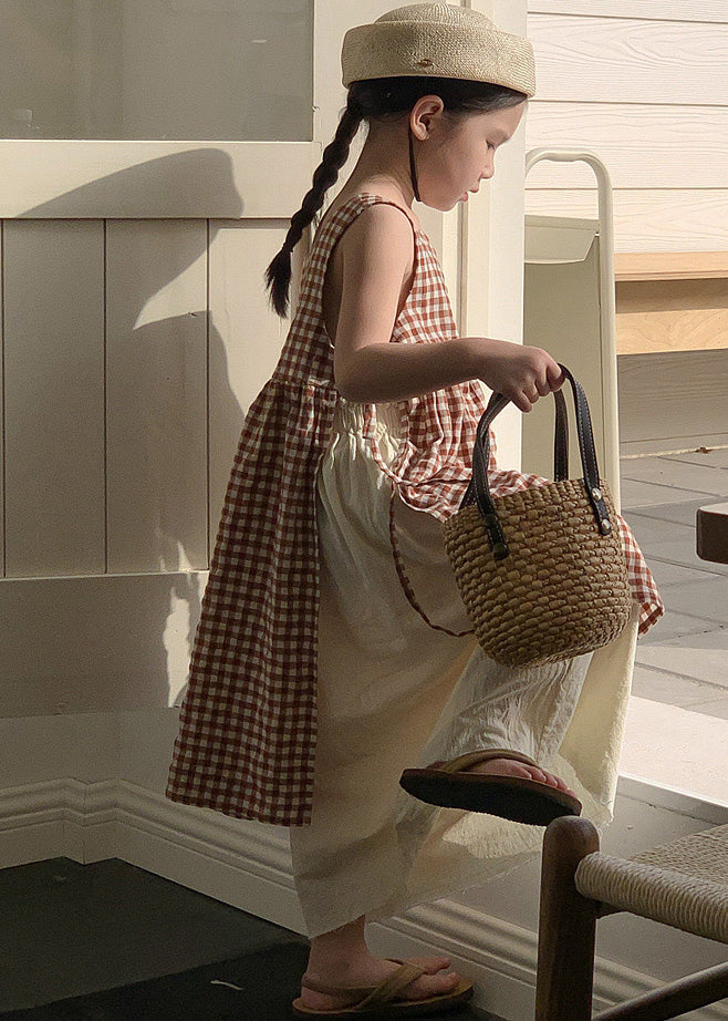 Coffee Plaid Square Collar Side Open Tie Waist Cotton Kids Long Dress Summer