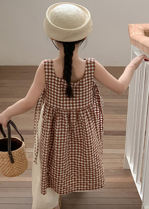 Coffee Plaid Square Collar Side Open Tie Waist Cotton Kids Long Dress Summer