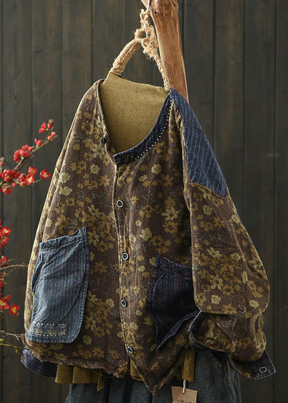 Coffee Print Pockets Denim Patchwork Fine Cotton Filled Jacket Winter