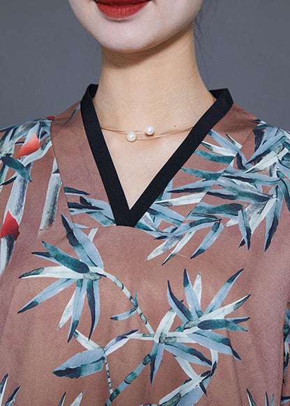 Coffee Print Side Pen Chiffon Long Dresses Bracelet Sleeve