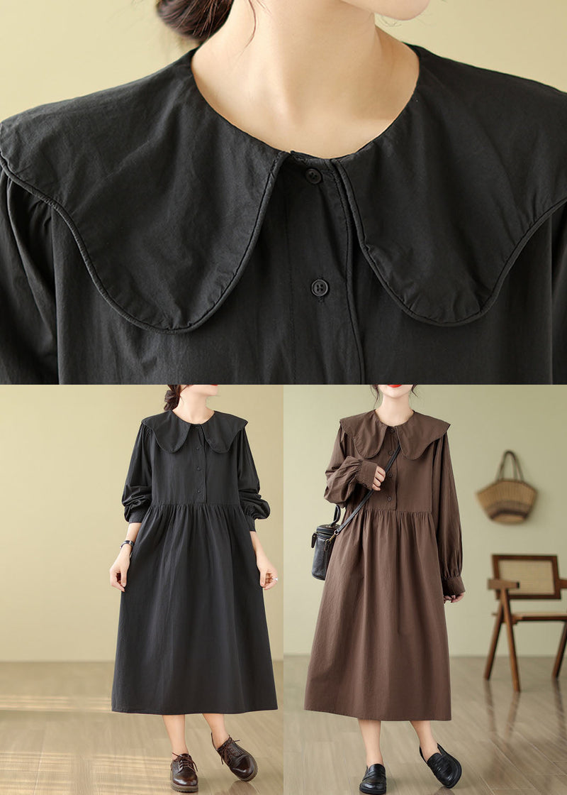 Coffee Wrinkled Button Long Dress Long Sleeve