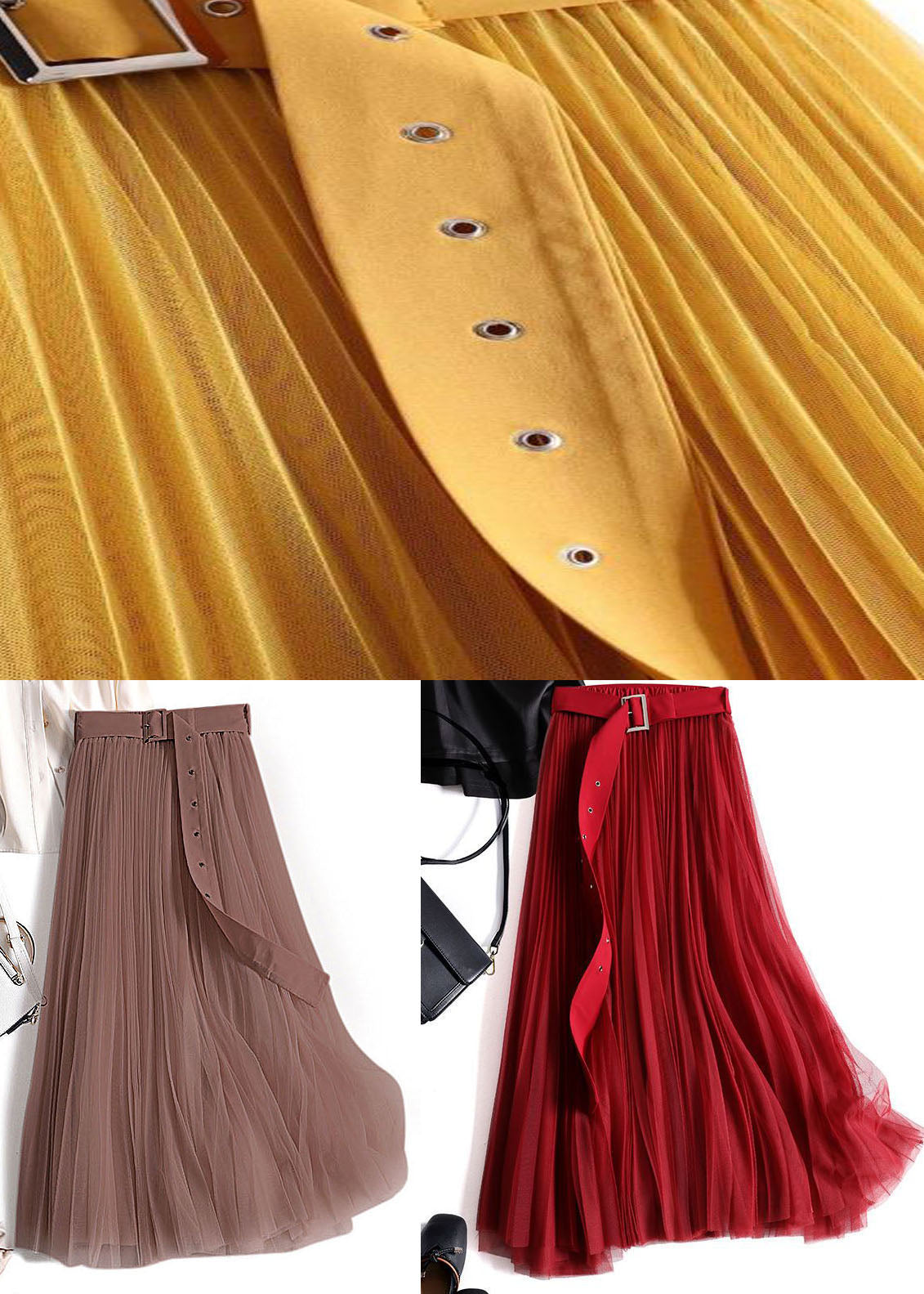 Chocolate Wrinkled Patchwork Tulle Skirts Spring