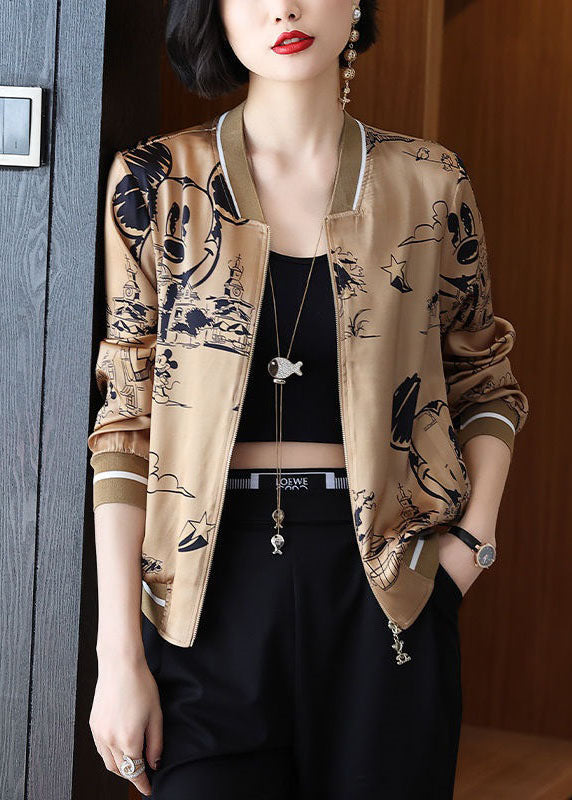 Coffee Zippered Patchwork Print Silk Coats Spring