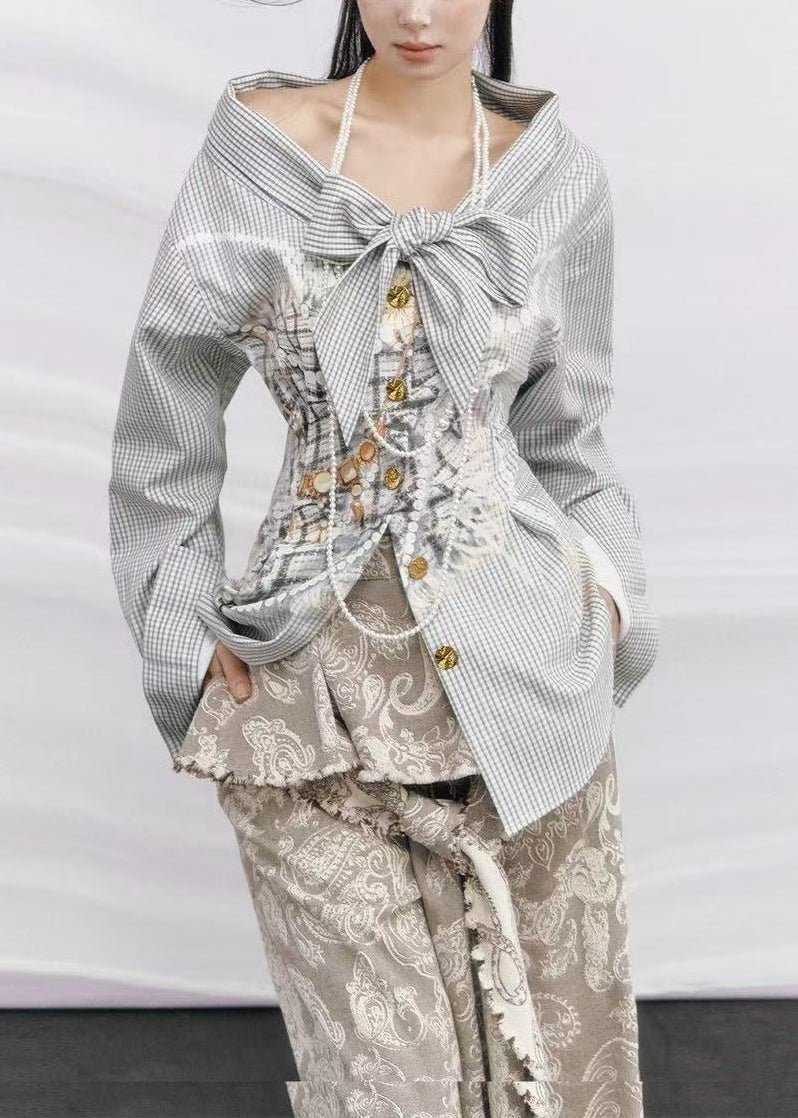 Boho Cold Shoulder Plaid Cotton Fake Two Piece Shirt Top Spring