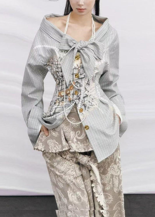 Boho Cold Shoulder Plaid Cotton Fake Two Piece Shirt Top Spring