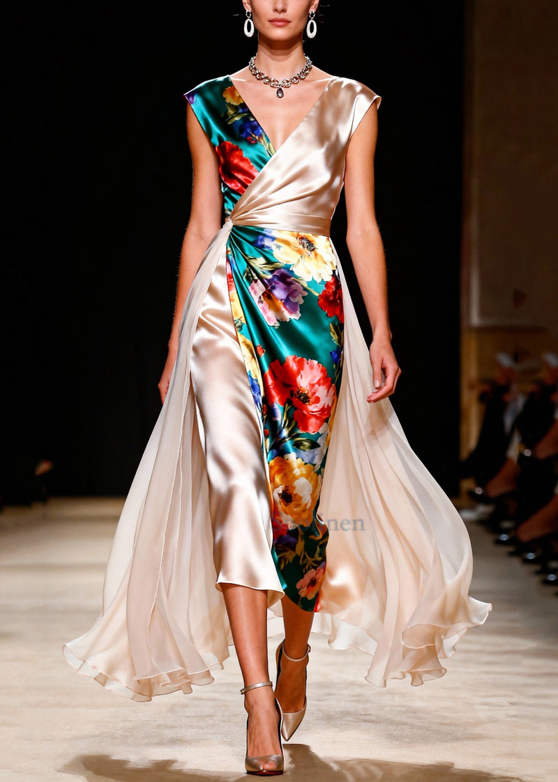 Colorblock Asymmetrical Patchwork Silk Party Dress Summer