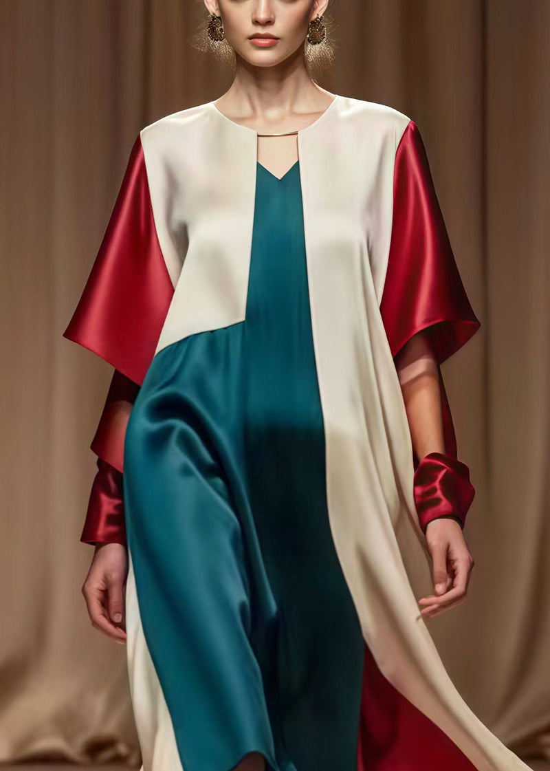 Colorblock Asymmetrical Patchwork Silk Tea Dress Spring