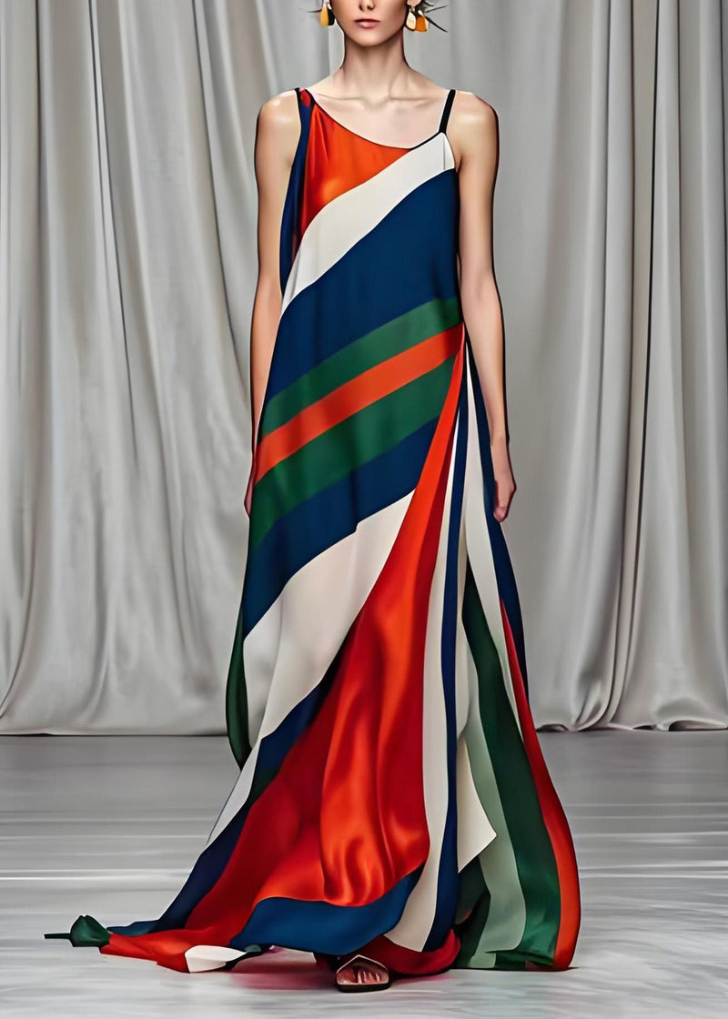 Colorblock Cold Shoulder Draping Silk Long Dresses Sleeveless