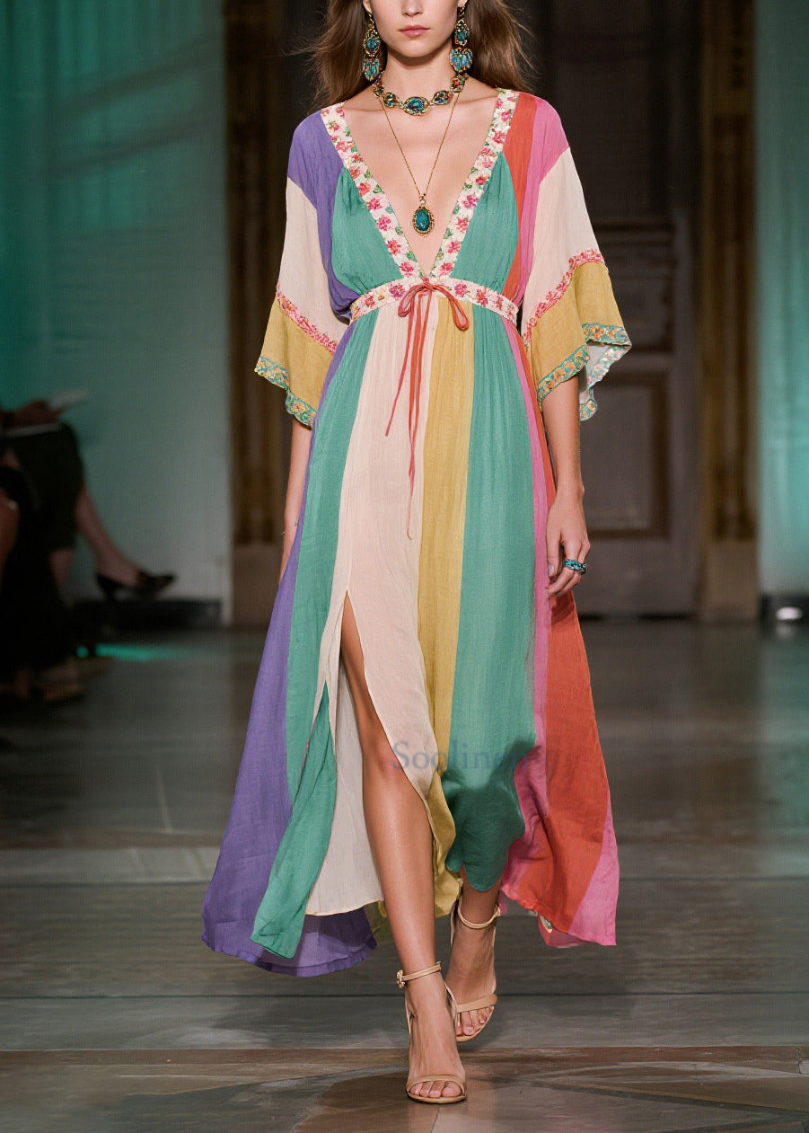 Colorblock Deep-v Neck Side Open Cotton Long Dress Summer