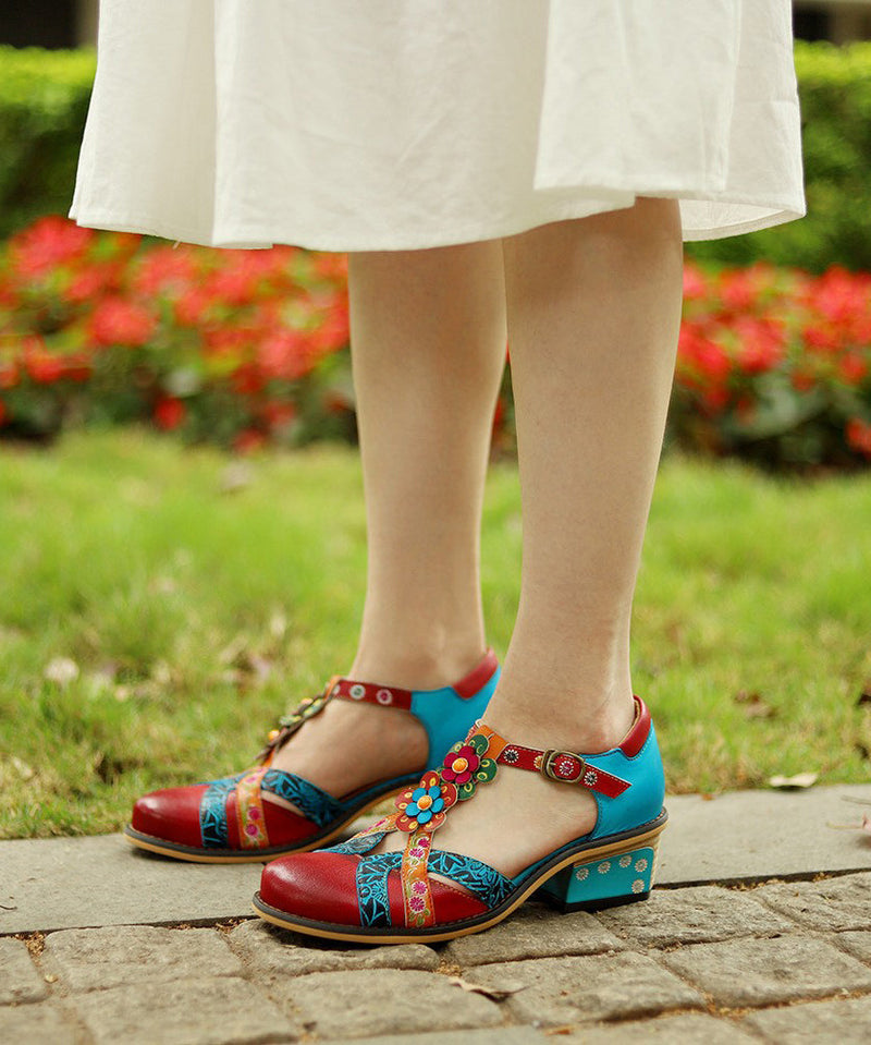 Colorblock Embossed High Heels Splicing Chunky High Heels