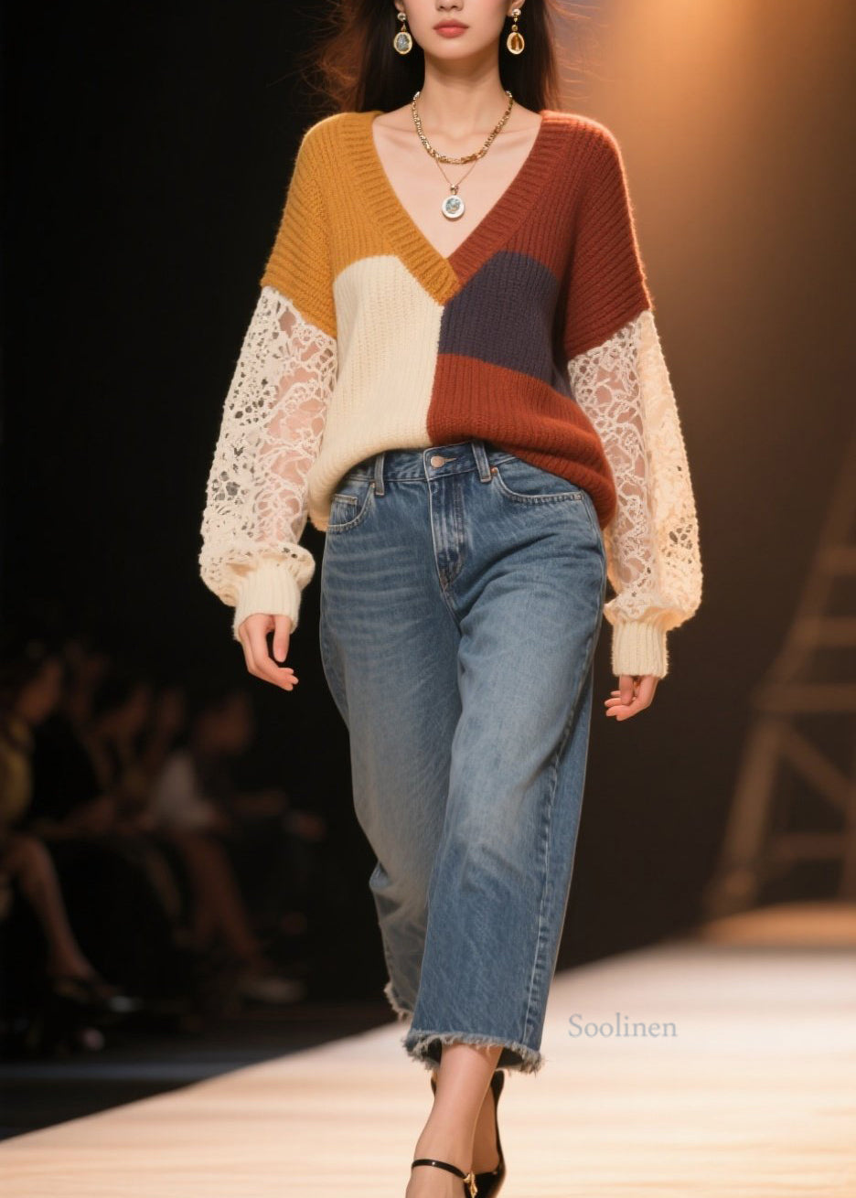 Colorblock Hollow Out Lace Patchwork Knit Sweater Fall
