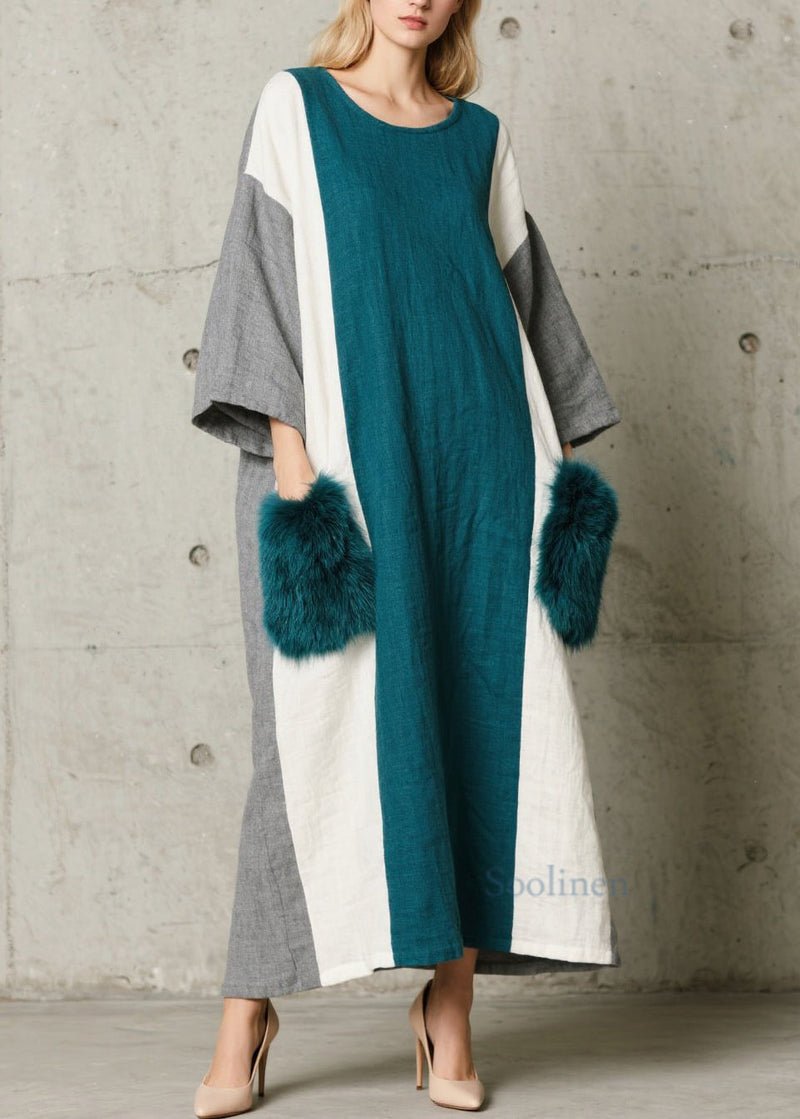 Colorblock O Neck Fuzzy Fur Patchwork Cotton Dress Fall