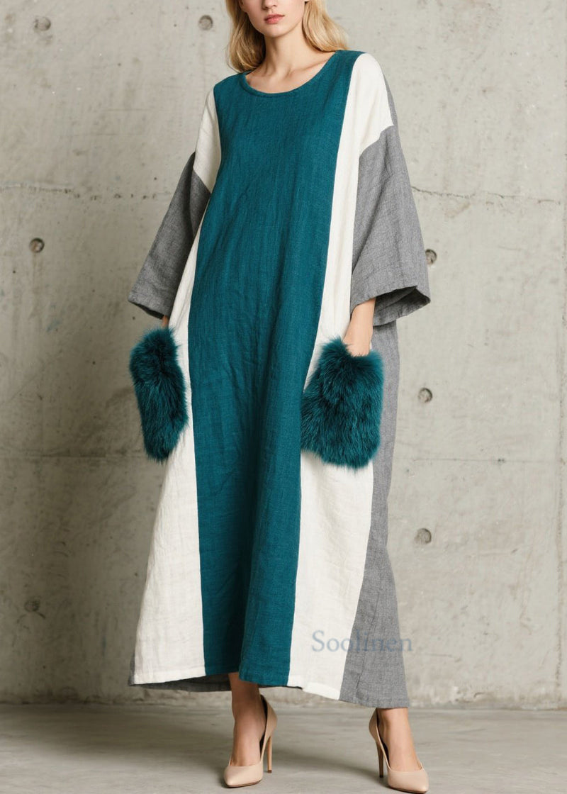 Colorblock O Neck Fuzzy Fur Patchwork Cotton Dress Fall
