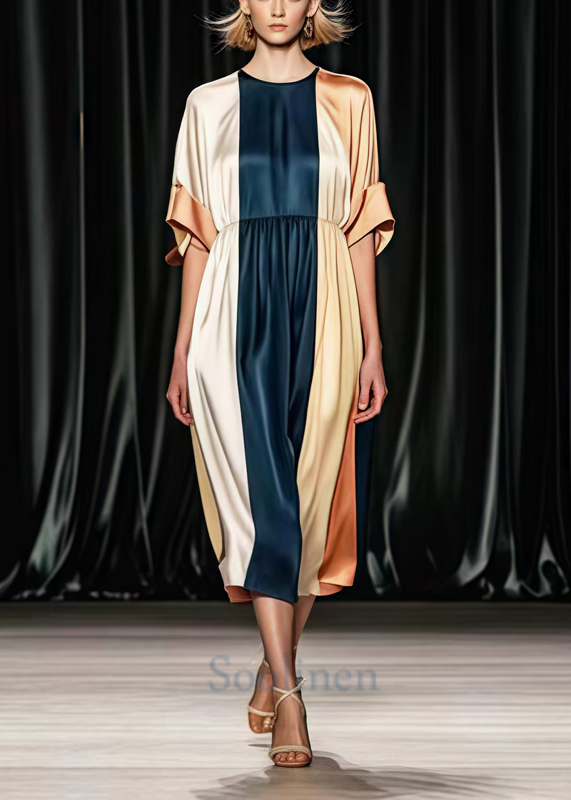 Colorblock O-neck Patchwork Draping Silk Tea Dresses Summer