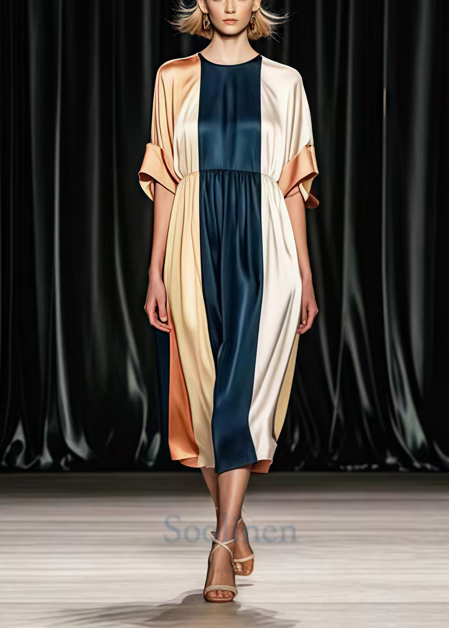 Colorblock O-neck Patchwork Draping Silk Tea Dresses Summer