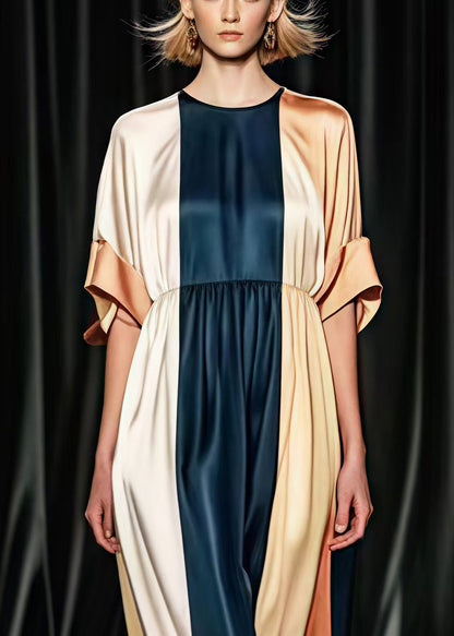 Colorblock O-neck Patchwork Draping Silk Tea Dresses Summer