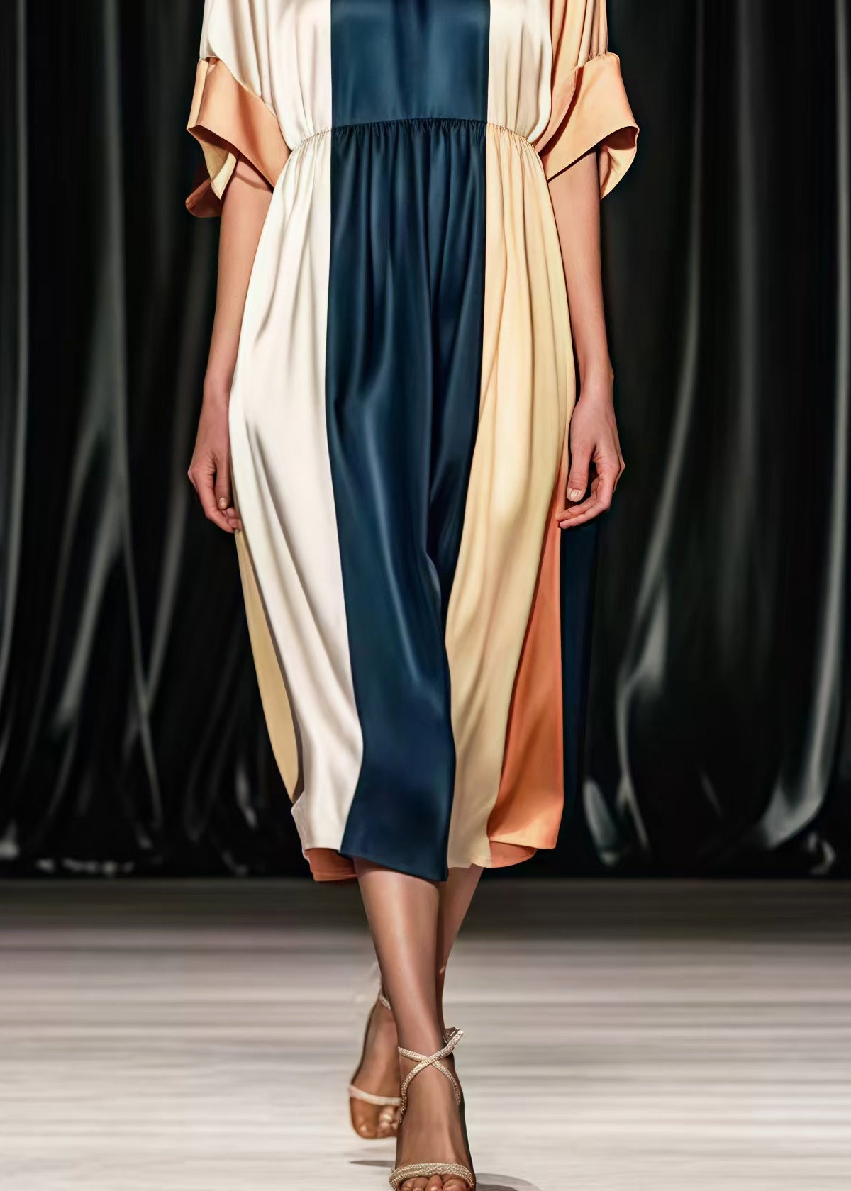 Colorblock O-neck Patchwork Draping Silk Tea Dresses Summer