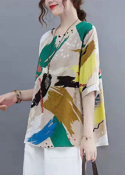 Colorblock O Neck Patchwork Linen T Shirt Summer