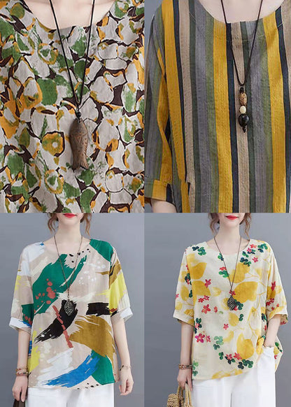 Colorblock O Neck Patchwork Linen T Shirt Summer