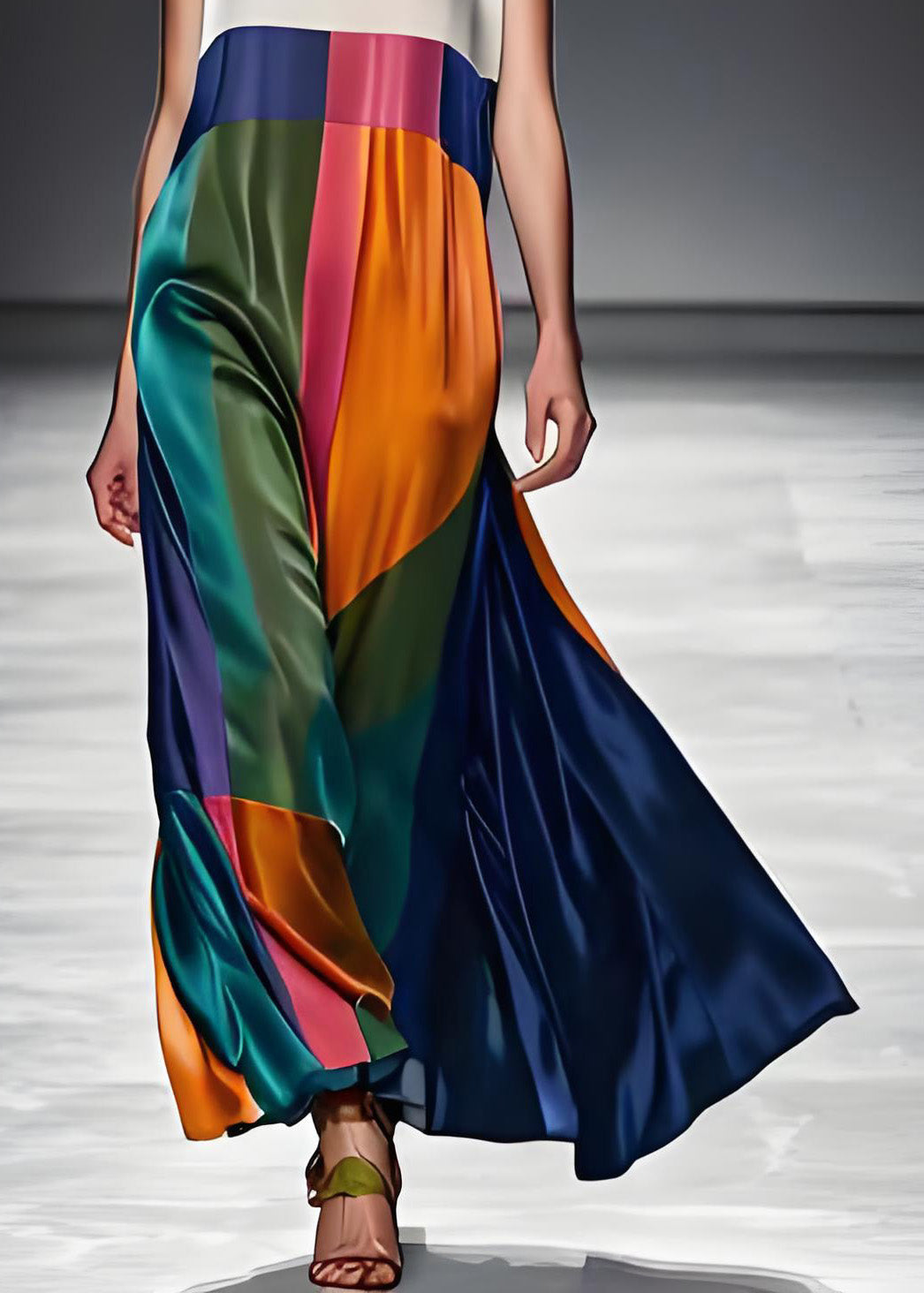 Colorblock O Neck Patchwork Silk Maxi Dresses Sleeveless