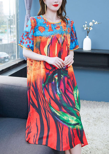 Colorblock O Neck Print Patchwork Chiffon Dresses Summer