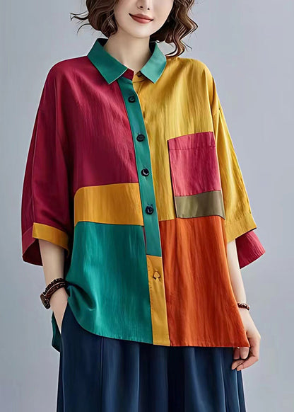 Colorblock Peter Pan Collar Patchwork Linen Tops Bracelet Sleeve